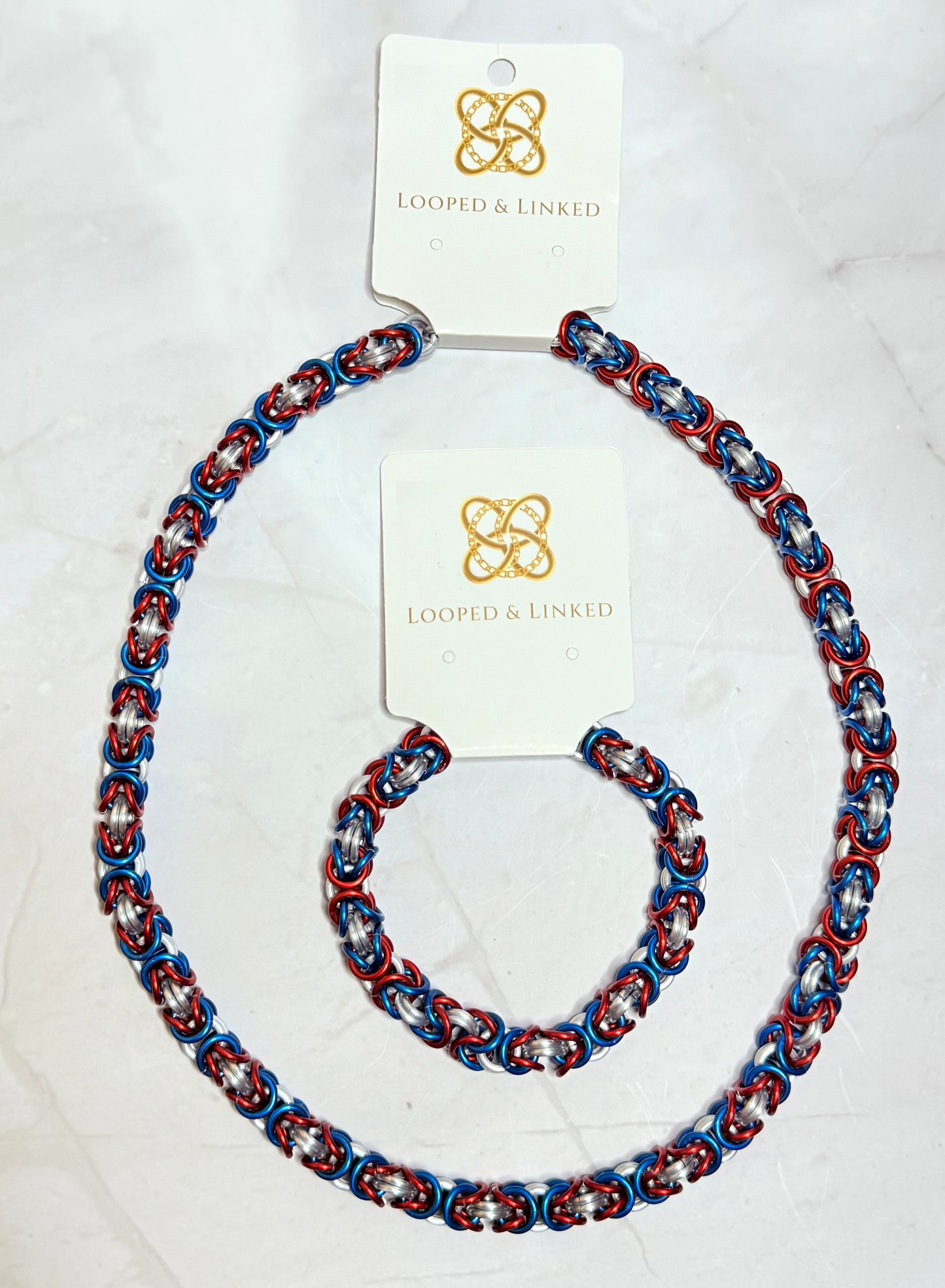 Red, Blue and Frost Byzantine Necklace and Bracelet