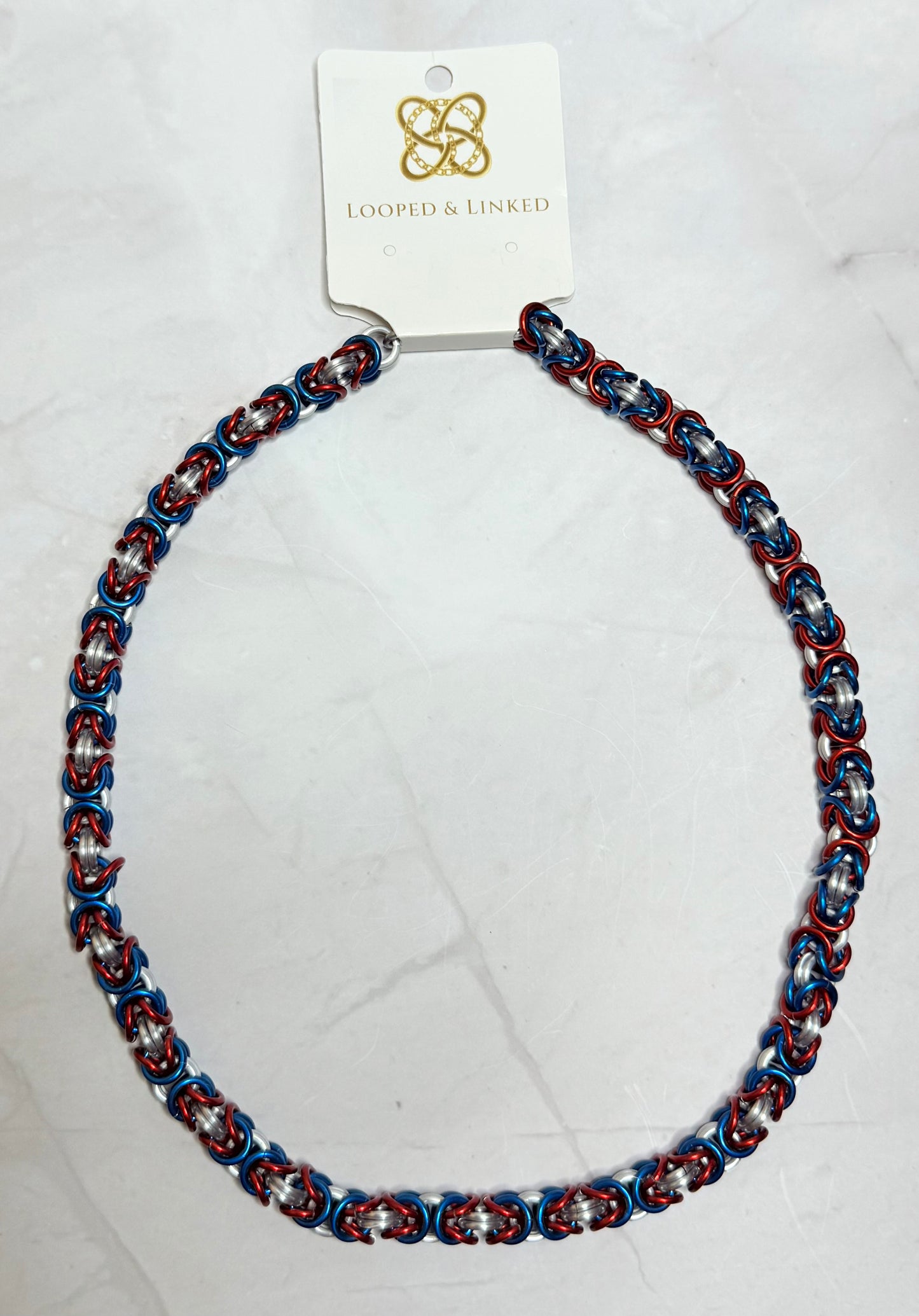 Red Blue and Frost Byzantine Weave Necklace