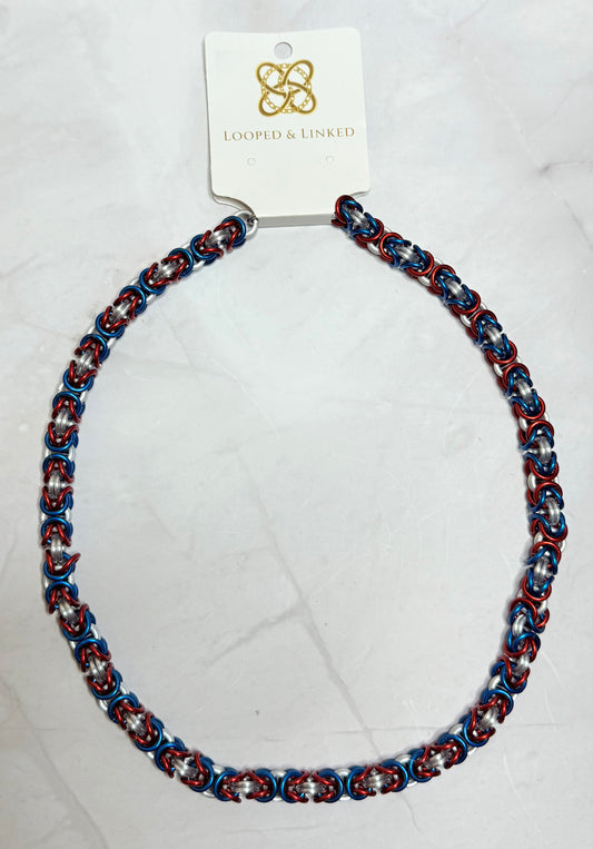 Red Blue and Frost Byzantine Weave Necklace