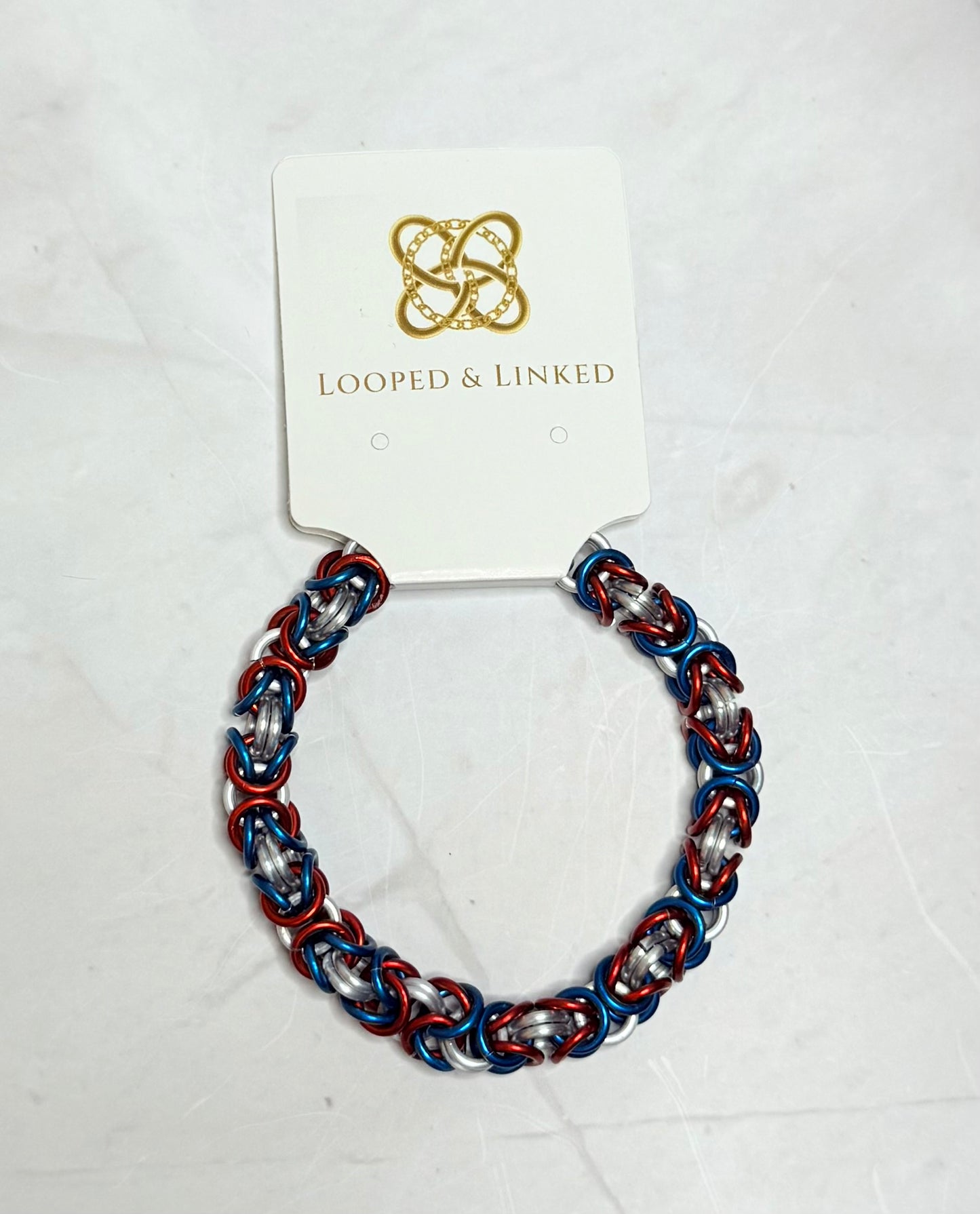 Red, Blue and Frost Byzantine Weave Bracelet
