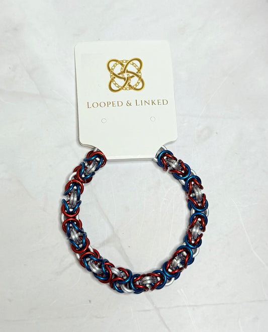 Red, Blue and Frost Byzantine Weave Bracelet