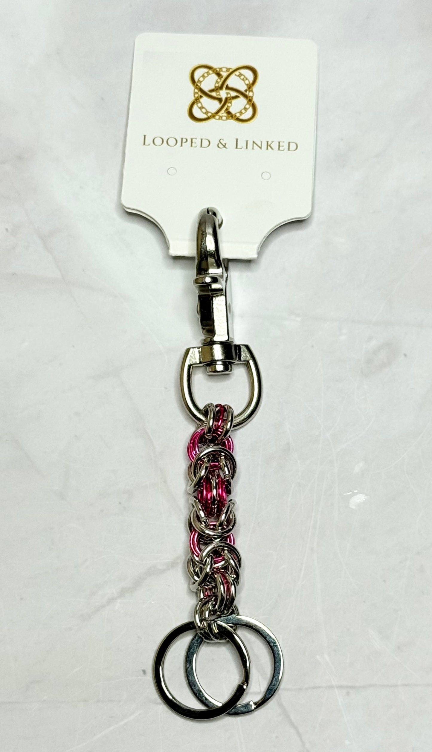 Pink and Silver Keychain Byzantine Weave